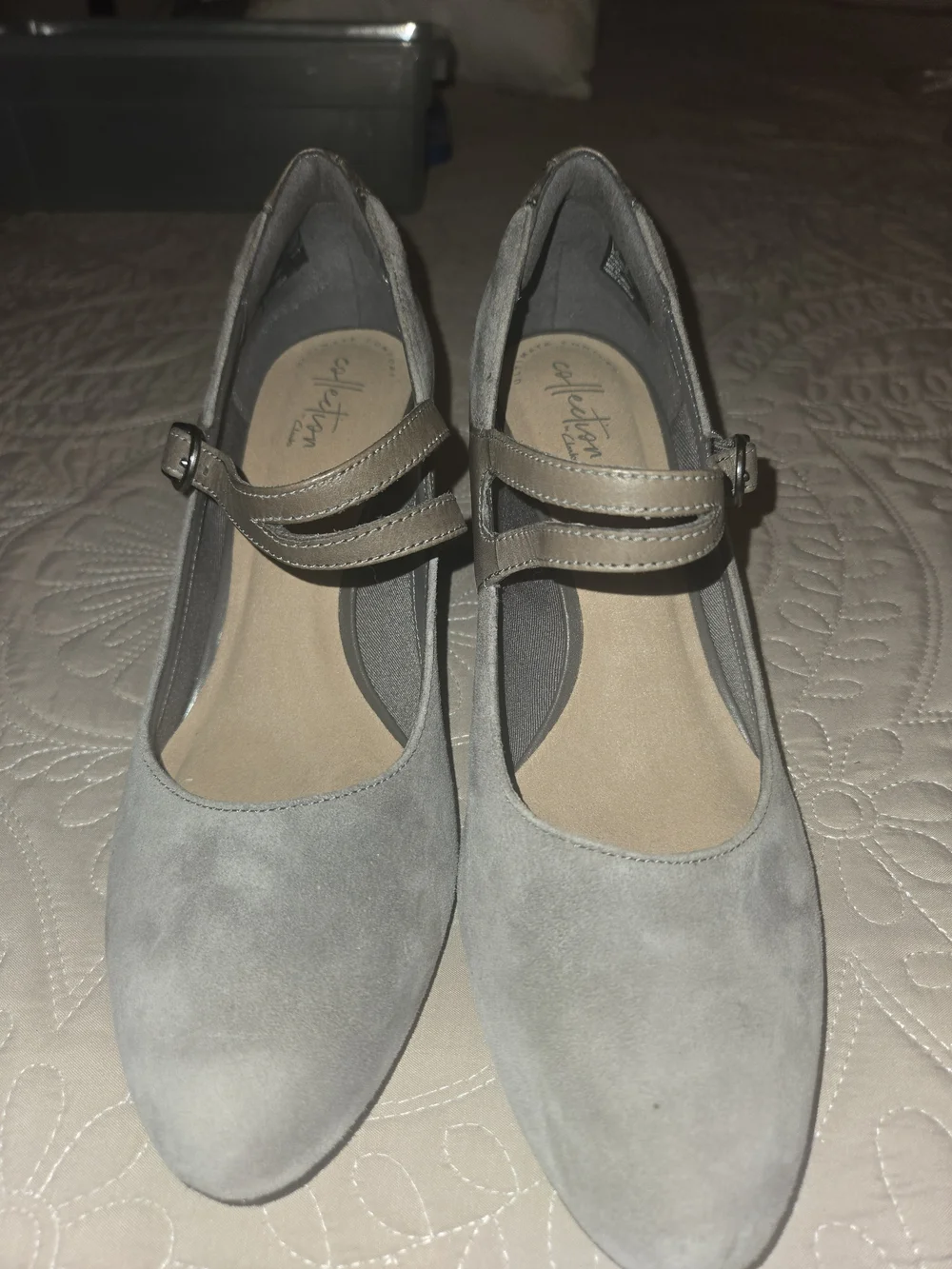 Clarks Gray Suede Mary Jane Flats with Buckle Strap